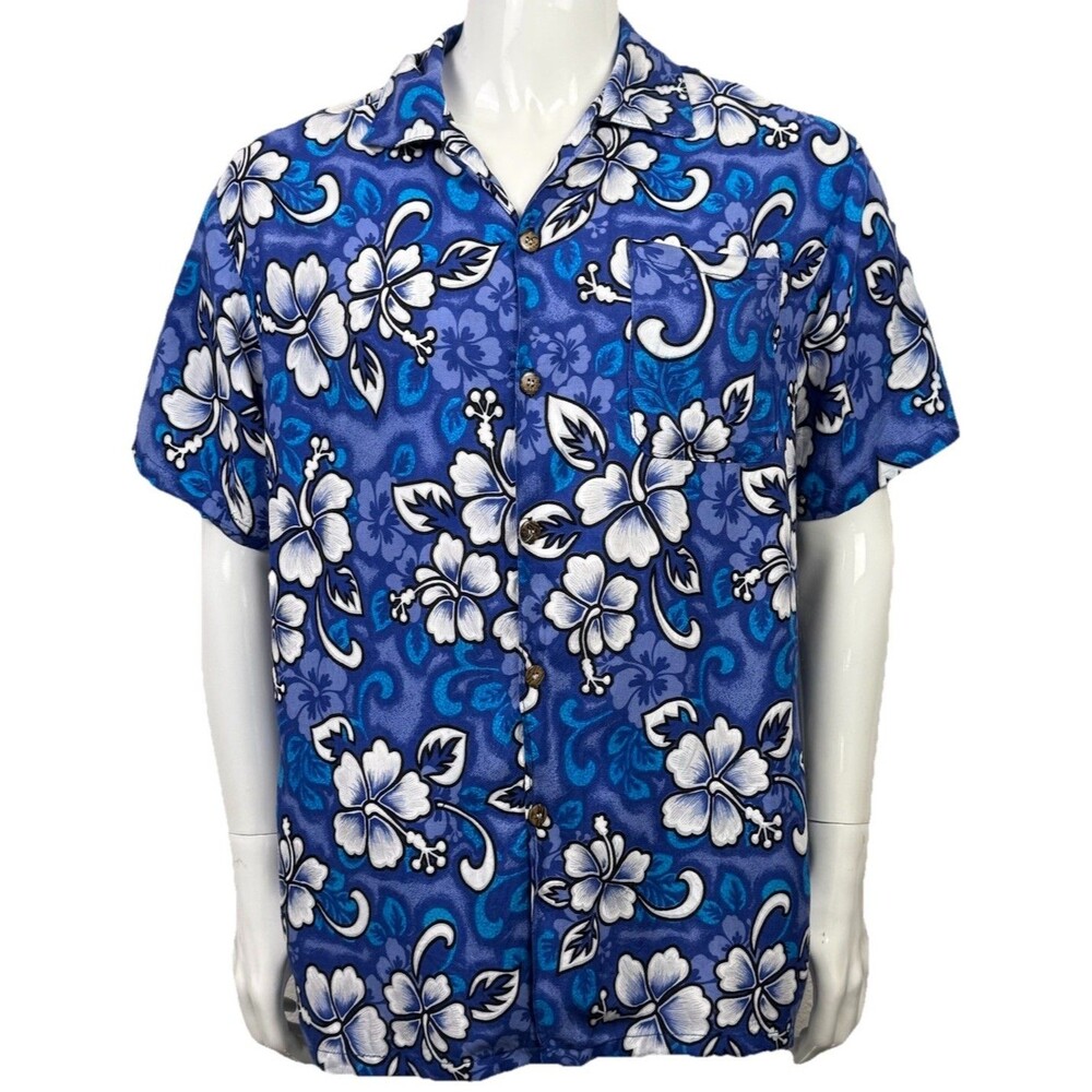 Vintage Hawaiian‎ Shirt Banana Split XL Hibiscus Floral Blue White Rayon Aloha